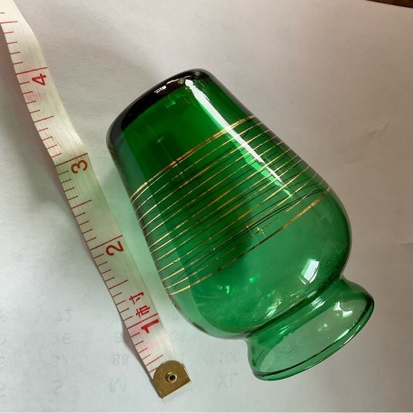 4 Vintage Anchor Hocking Green Glass Bud Vases. Mid Century Modern Gold Stripes - Picture 6 of 6